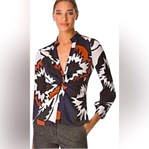 Diane Von Furstenberg Navy, White & Rust Twist-Front Print Blouse
